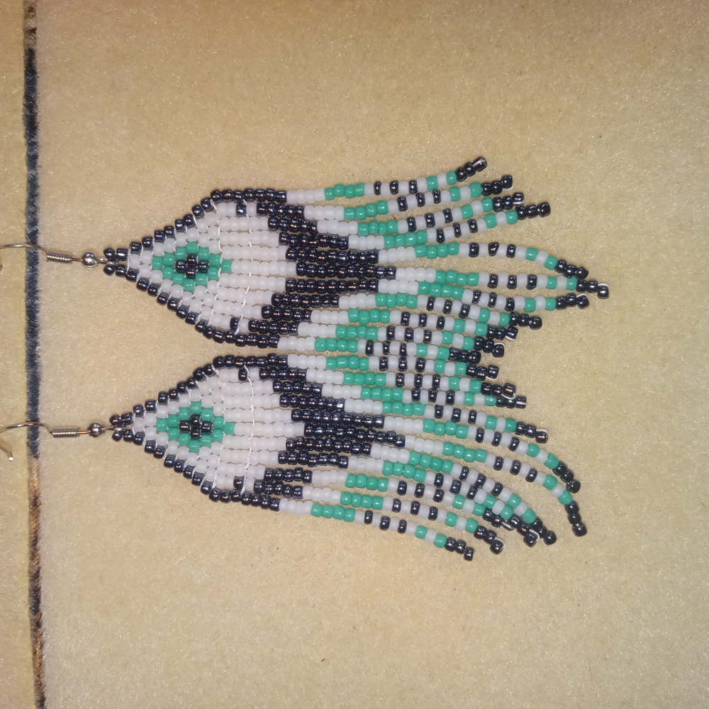 Beaded Fringe Earrings in Black, White, and Green